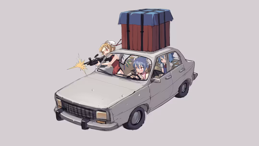 Anime characters in an overloaded sedan with a massive trunk, one shooting from the sunroof in comedic action style