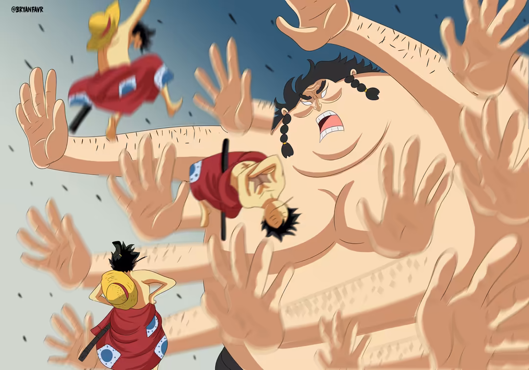 Anime character Monkey D. Luffy with enlarged hands and determined expression, with smaller figure below against blue sky bac