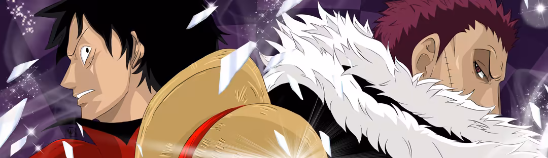 Anime character with black spiky hair and red shirt in dynamic pose with white-haired companion against purple sparkling back