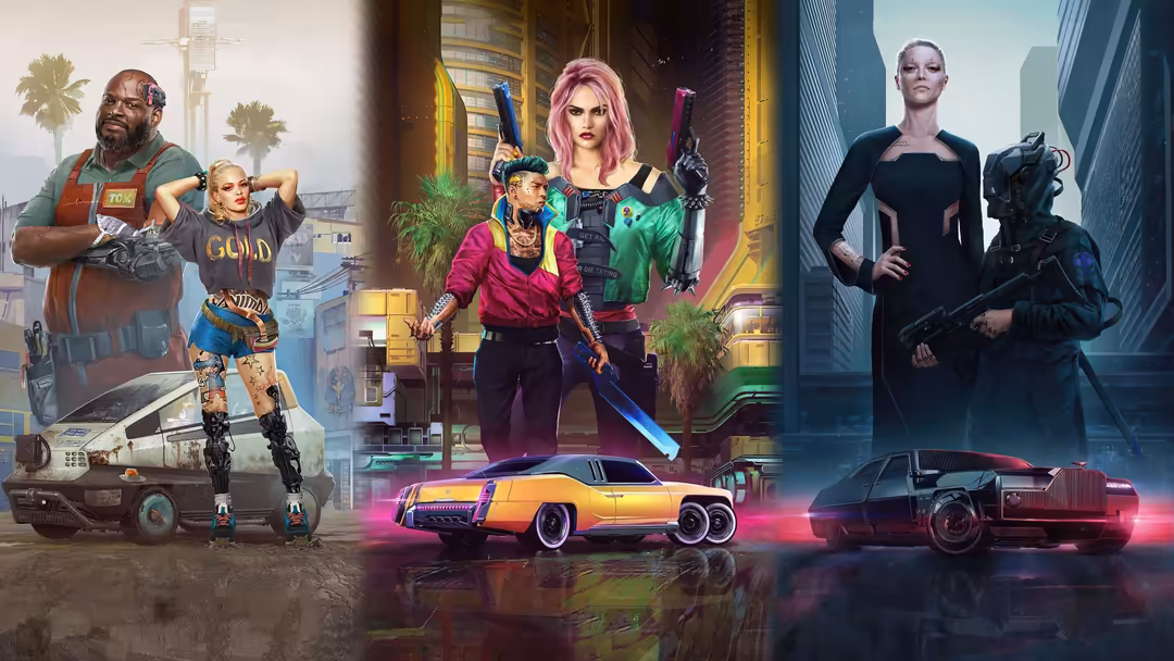 Cyberpunk-themed characters with weapons posed around neon-glowing futuristic cars in a dystopian cityscape with pink and blu