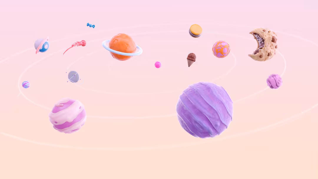 Whimsical pastel solar system with floating planets, moons, and celestial objects against a soft pink and cream gradient back
