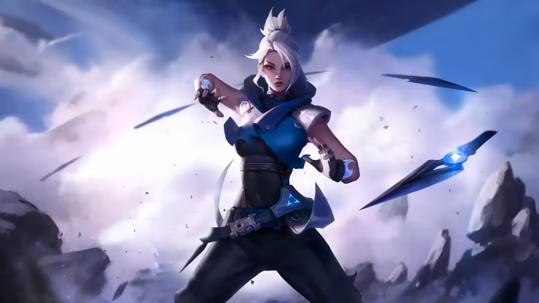 Valorant agent with white spiky hair and pale blue skin in black and blue tactical suit wielding neon blue energy weapons aga