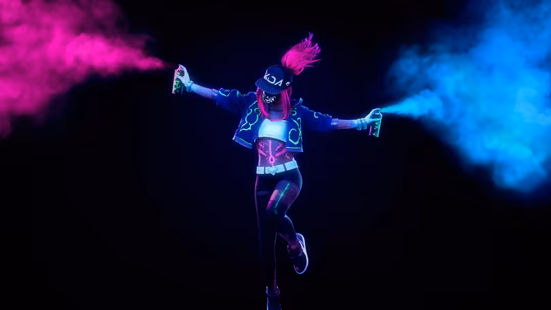 Neon-lit cyberpunk character in futuristic outfit performing with glowing magenta and blue powder effects against dark backgr