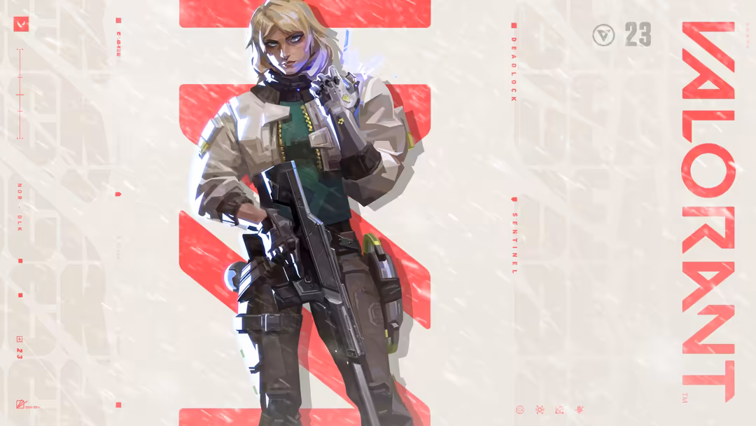 Deadlock agent from Valorant in tactical gear holding a rifle, blonde hair with purple accents, beige and green outfit agains