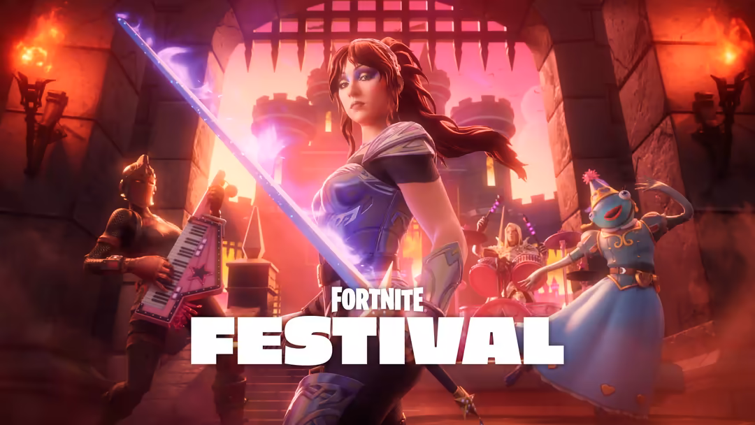 Fortnite Festival concert scene with glowing neon stage, female character with red hair holding glowing sword, musicians with