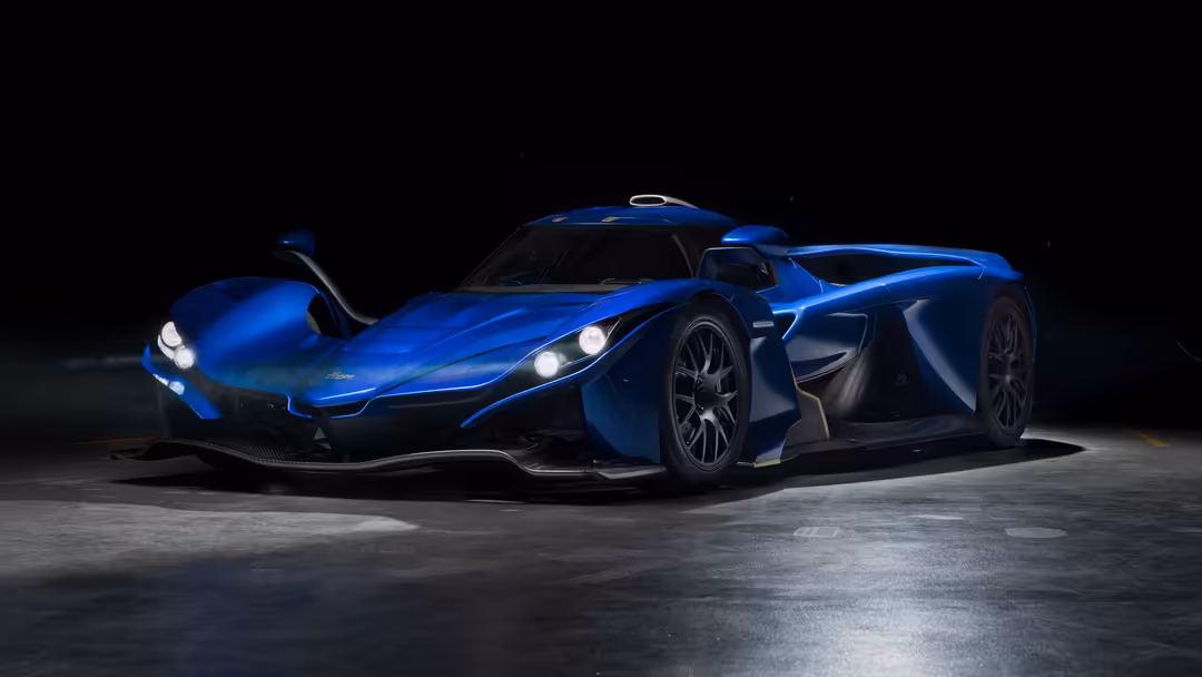 Striking blue Praga Bogema hypercar with gullwing doors open, showcasing sleek aerodynamic design and performance engineering