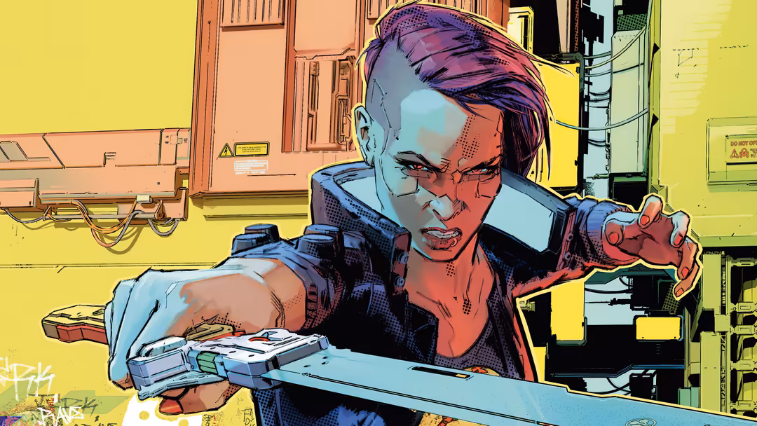 Vibrant cyberpunk character with purple and blue neon tones wielding futuristic weapon against yellow industrial background w