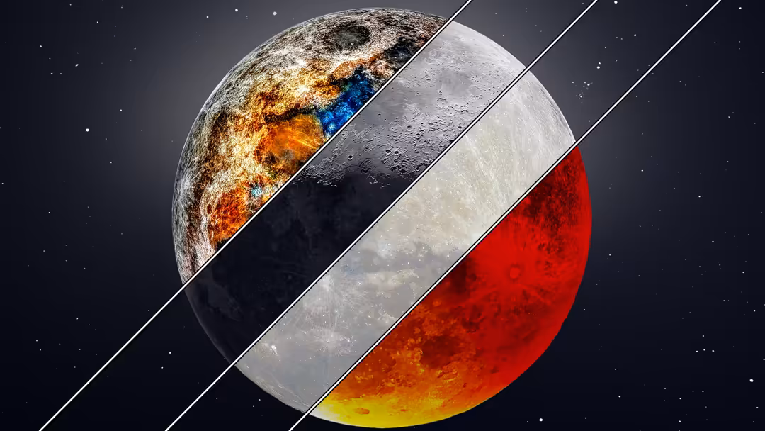 Abstract celestial sphere divided by diagonal stripes showing mineral textures, moon craters, and vibrant red and orange grad
