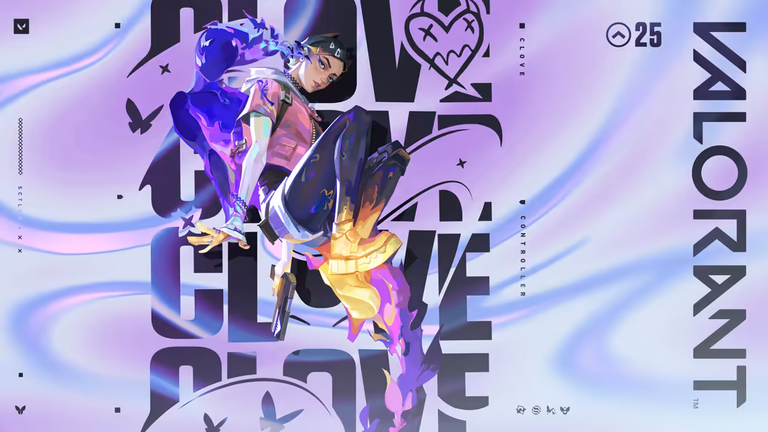 Clove character from Valorant game in cyberpunk style with purple and yellow neon effects, digital illustration