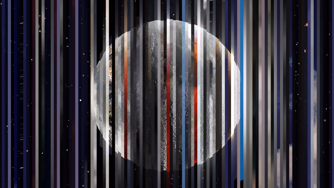 A luminous moon viewed through colorful vertical stripes in shades of blue, red, and white against a dark starry space backgr