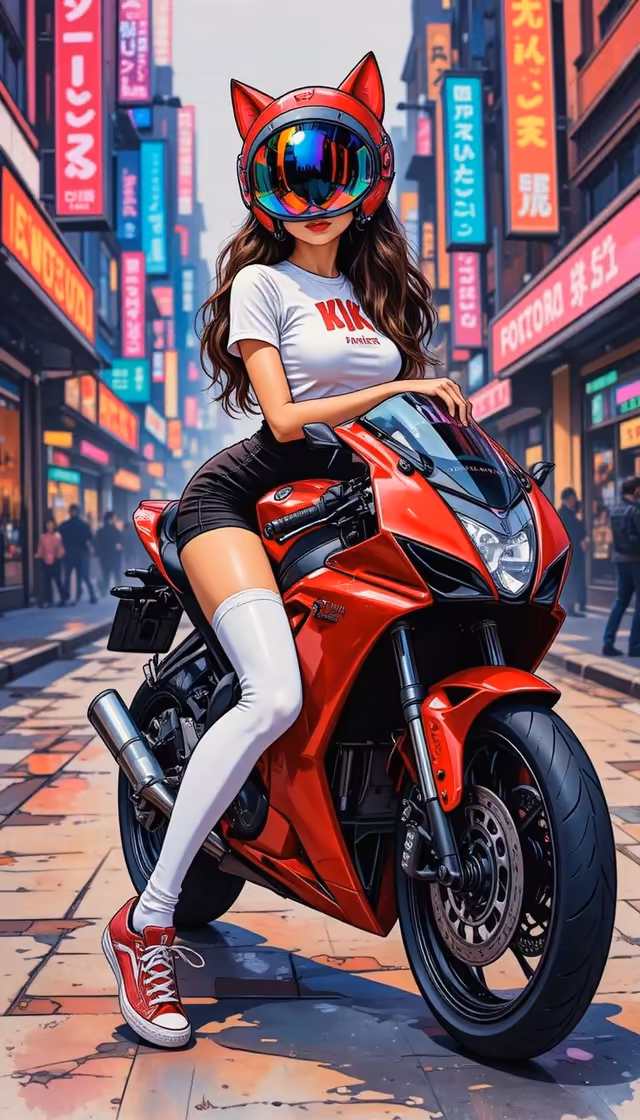 Woman in red helmet sitting on red sports motorcycle in vibrant neon-lit cyberpunk city street with colorful Asian signage.