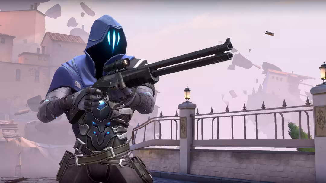 Futuristic agent Omen in blue hood with glowing eyes holding dual barrel rifle on bridge overlooking mystical cityscape