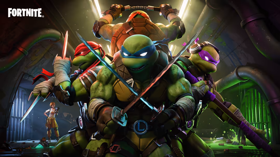 Fortnite crossover featuring four ninja turtles in combat stance with weapons, glowing neon effects, and dramatic lighting in