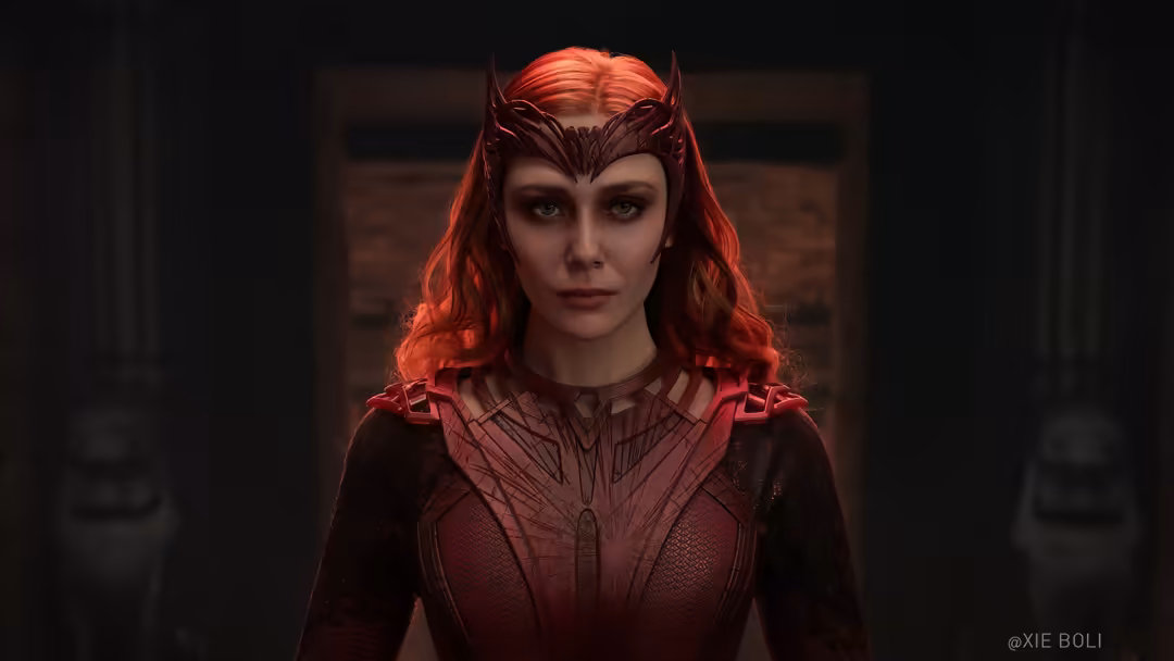 Woman with vibrant red wavy hair and dark horned headdress, wearing maroon detailed costume, intense gaze against dark moody