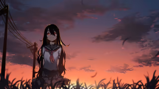 Anime Girl Sunset Orange Sky
