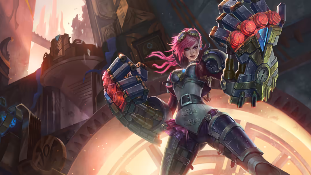 Vi from League of Legends in cyberpunk armor with pink hair, wielding red gauntlets in a neon-lit industrial city setting