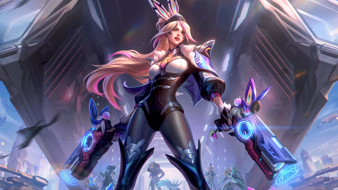 Futuristic female warrior with pink hair, wielding glowing weapons in a cyberpunk battle arena with neon-lit architecture
