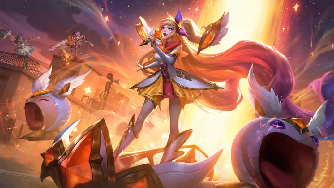 Vibrant fantasy warrior character with flowing red hair and golden armor wielding magical weapons in a glowing combat arena