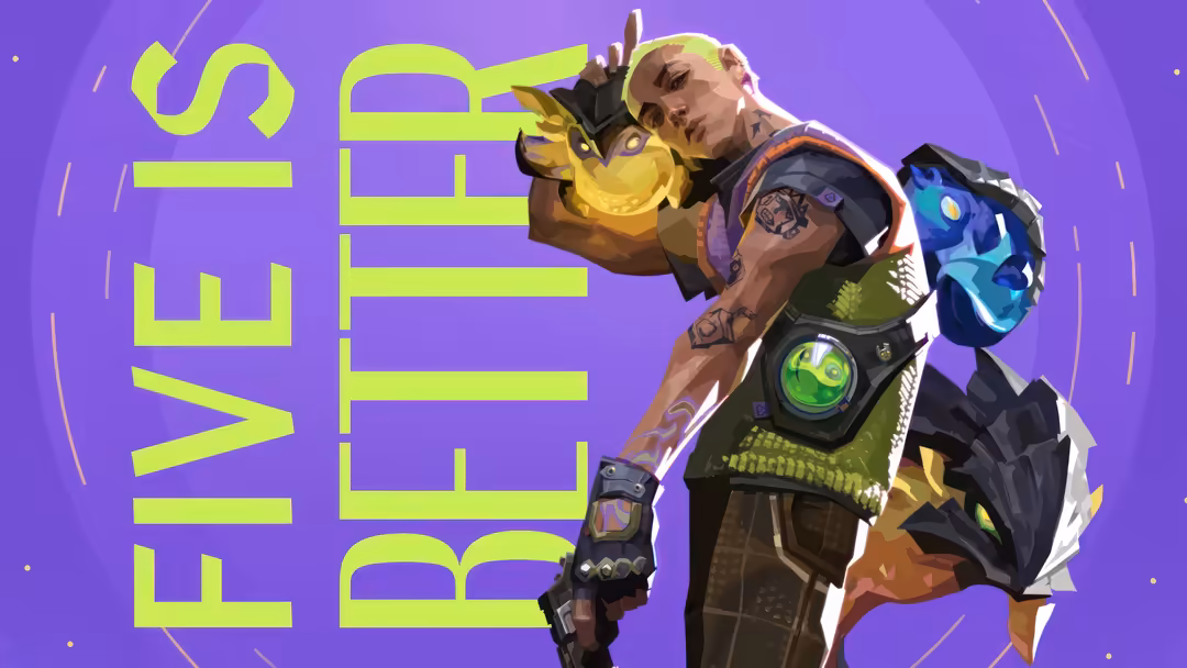Gekko character from Valorant with yellow pet creatures against vibrant purple background with neon green text