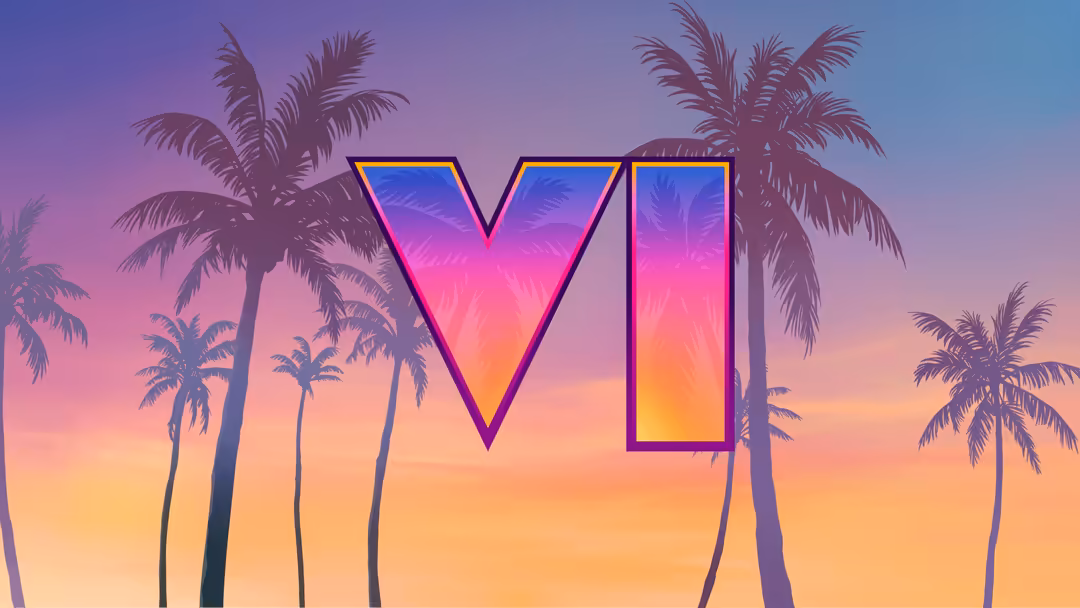 Neon glowing GTA VI logo with gradient fill against vibrant purple and orange sunset sky with silhouetted palm trees
