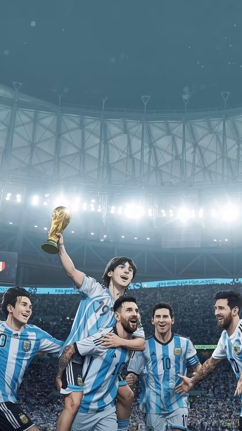 Soccer players in blue and white striped jerseys celebrating with the golden World Cup trophy raised high in a brightly lit s