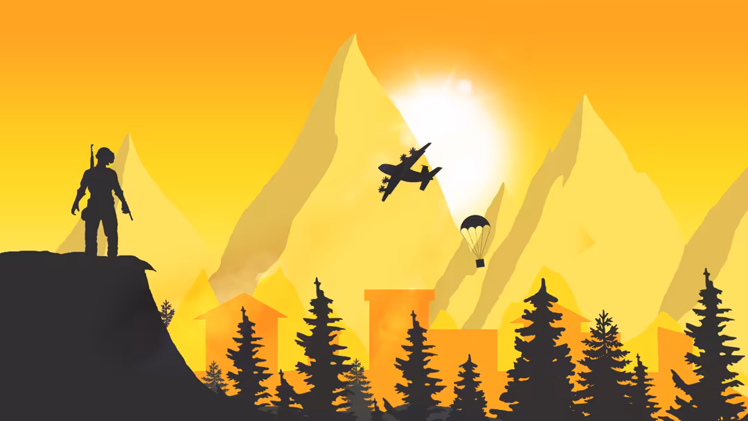 Silhouetted soldier standing on cliff overlooking forested valley with parachutist descending and aircraft flying through gol