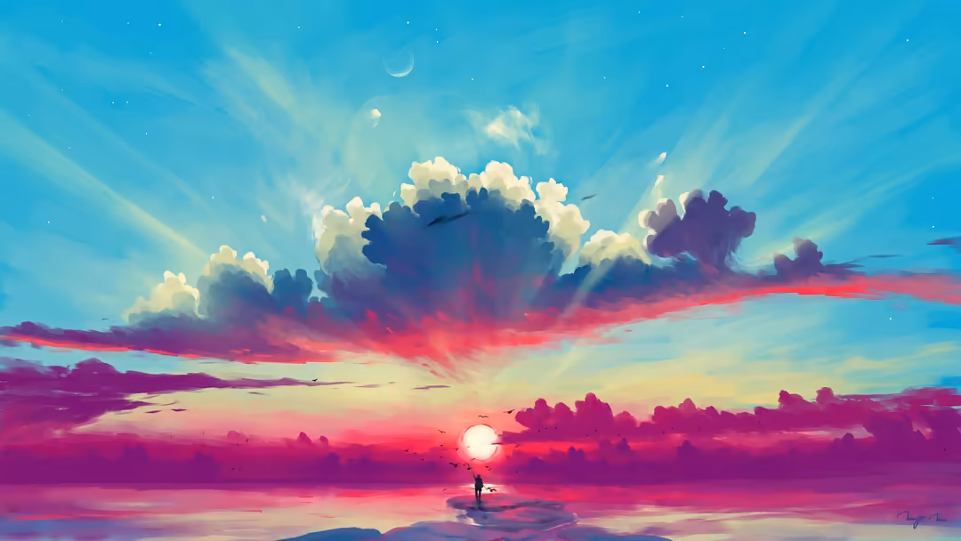 Dramatic sunset landscape with vibrant pink and magenta clouds illuminated by golden sunlight, towering cumulus clouds agains