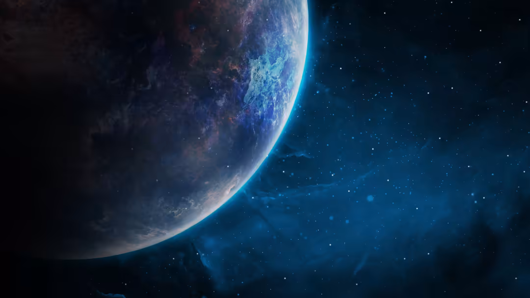 A glowing blue planet with atmospheric clouds against a starry dark space background, illuminated by cosmic light with a nebu