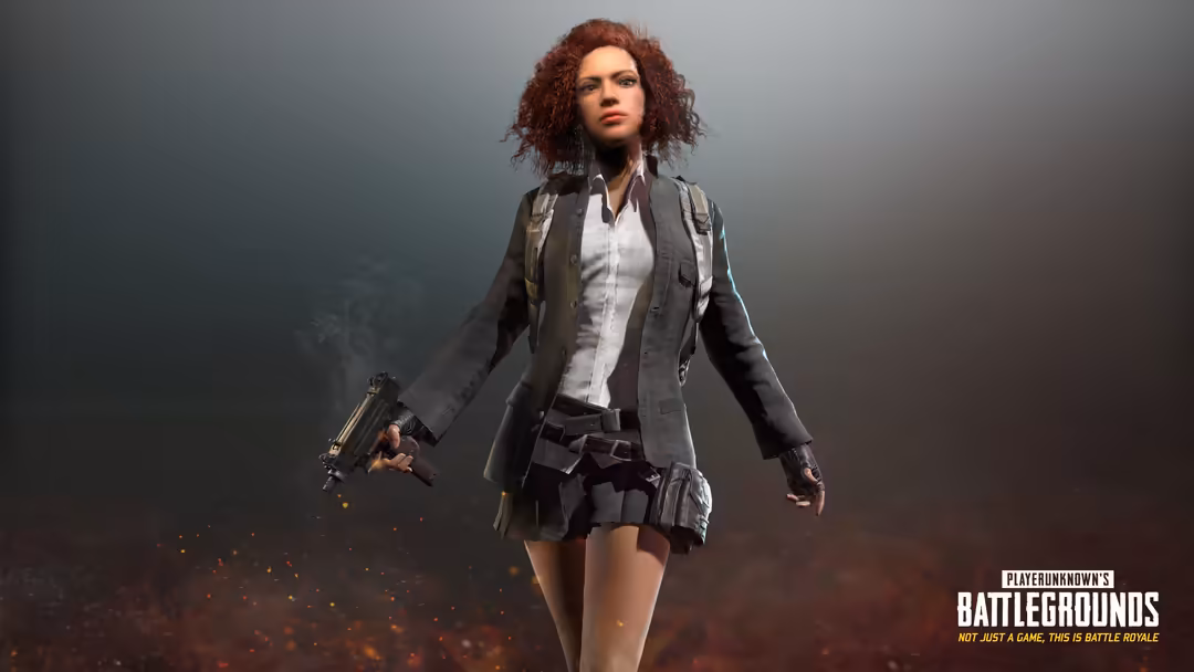 Armed female character with curly red hair in tactical jacket and white shirt, holding pistol against dramatic smoky backgrou