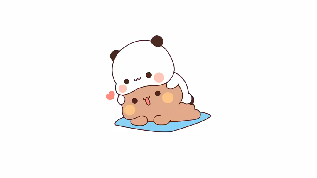 Adorable kawaii bear character sitting on a blue mat hugging a smiling cookie with pink cheeks and warm brown tones against a