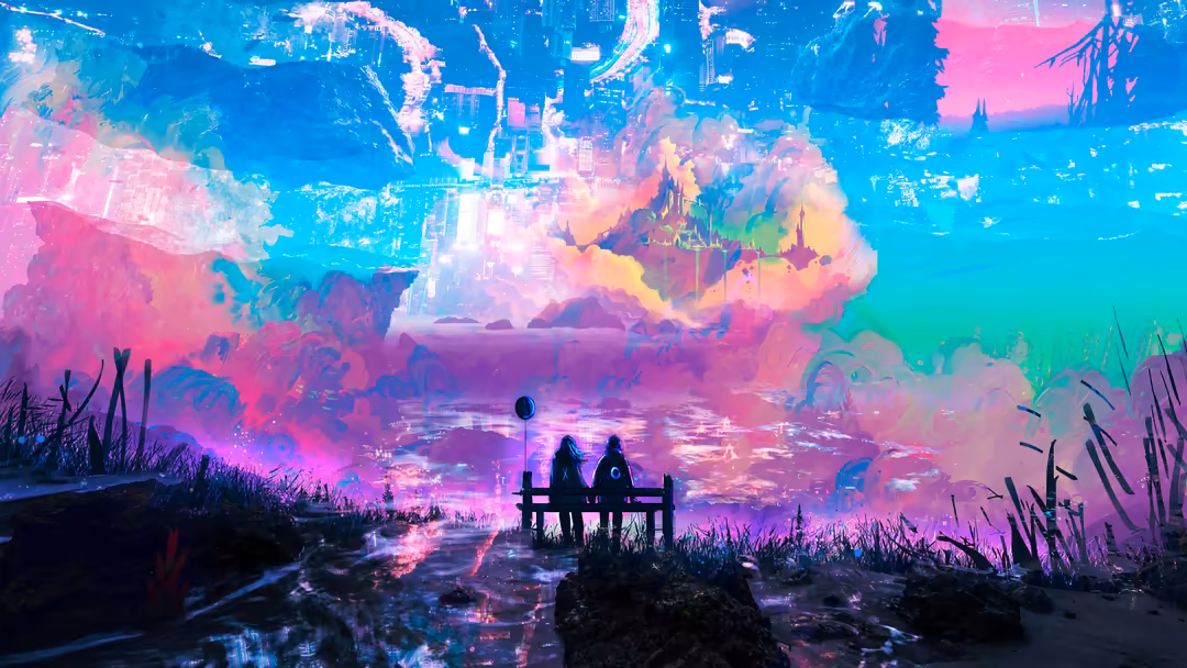 Two silhouetted figures sit together on a bench overlooking a surreal neon landscape with vibrant pink, blue, and cyan clouds