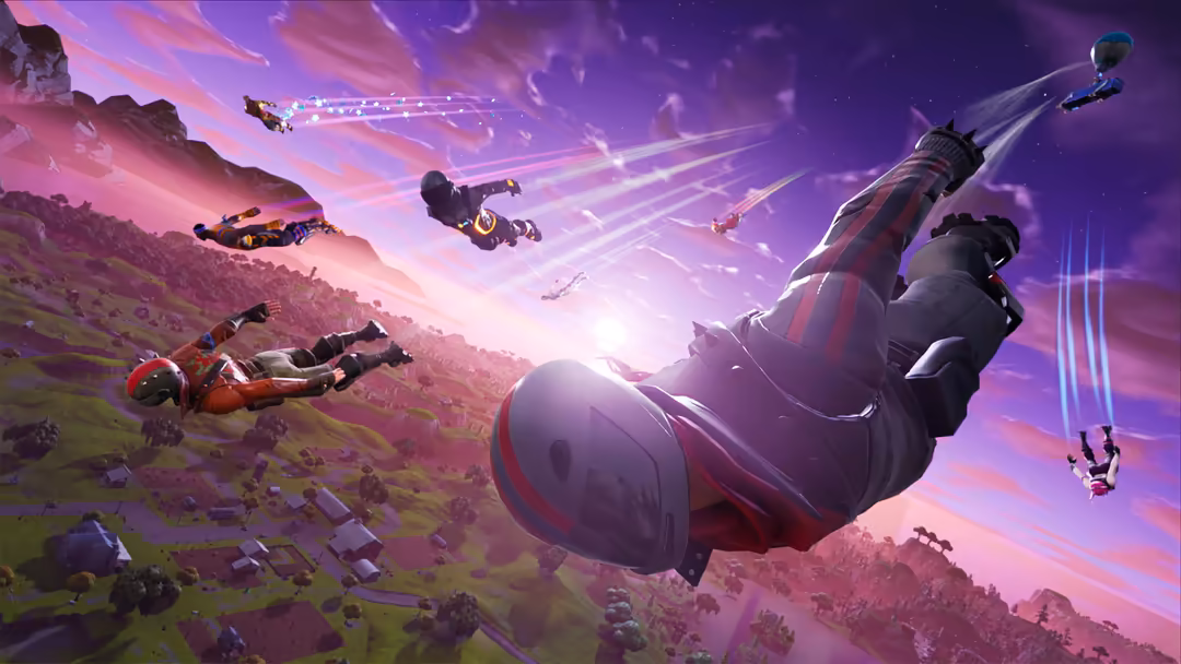 Flying Jetpack Warriors Purple Sky — horizontal fortnite Full HD wallpaper