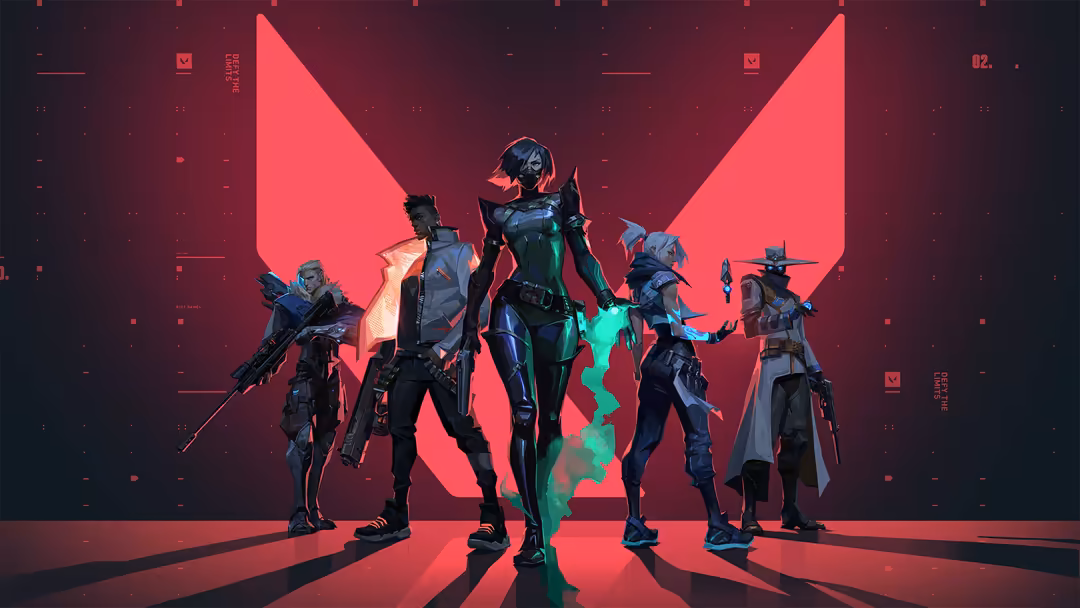 Five armed agents stand in silhouette against neon pink geometric shapes on a deep burgundy background with cyan accents and…