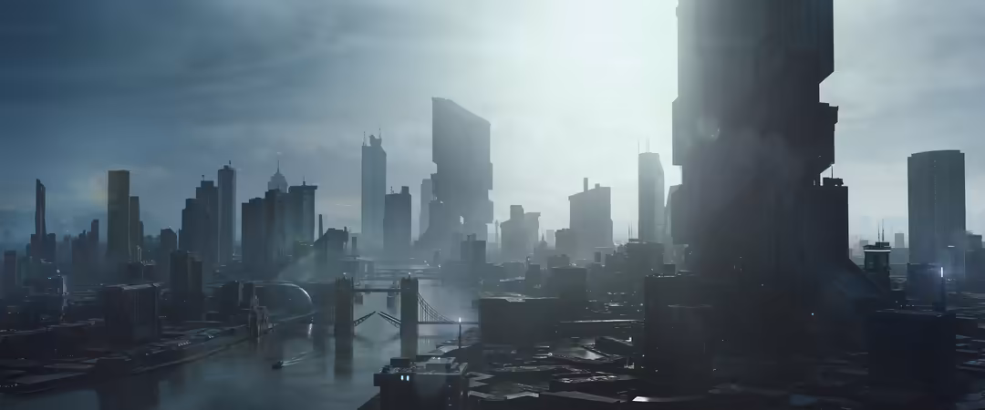 Dark cyberpunk cityscape with towering skyscrapers reflected in rain-soaked streets, moody blue-gray atmosphere and overcast