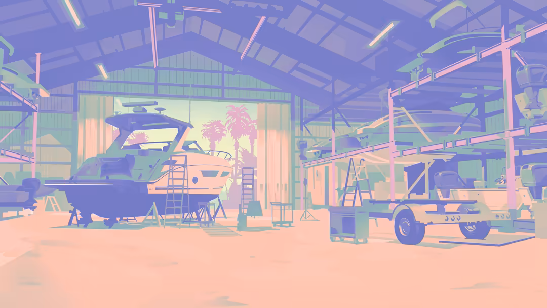 Neon-lit industrial garage with colorful vehicles under purple and pink lighting, featuring construction equipment and palm t