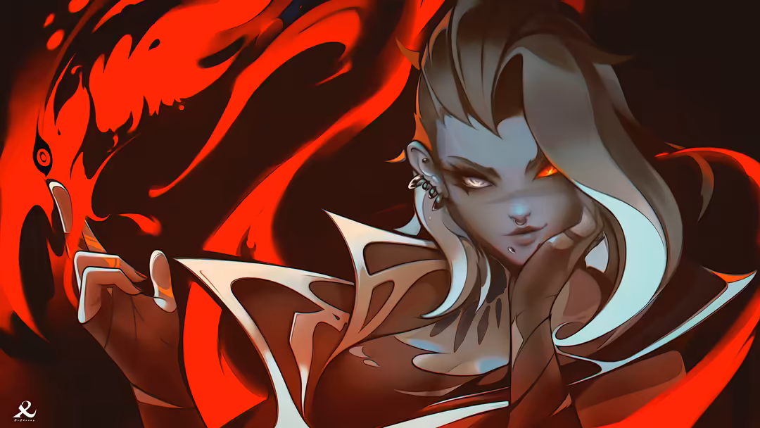 Anime-style character Fade from Valorant with glowing red energy and mysterious expression in dark atmospheric setting