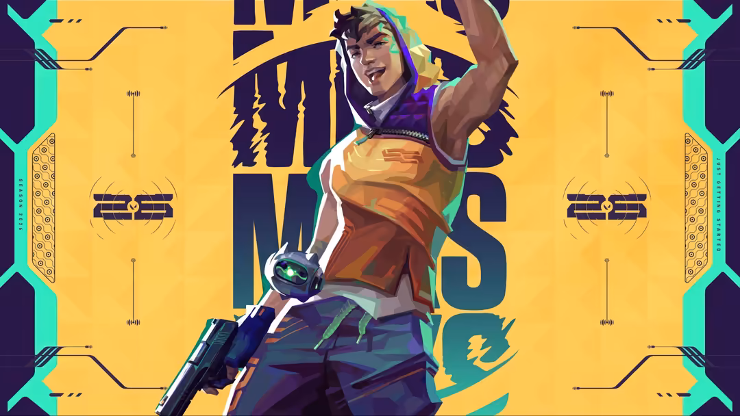 Stylized portrait of Miks from Valorant in dynamic pose with weapon, yellow and cyan cyberpunk aesthetic with geometric desig