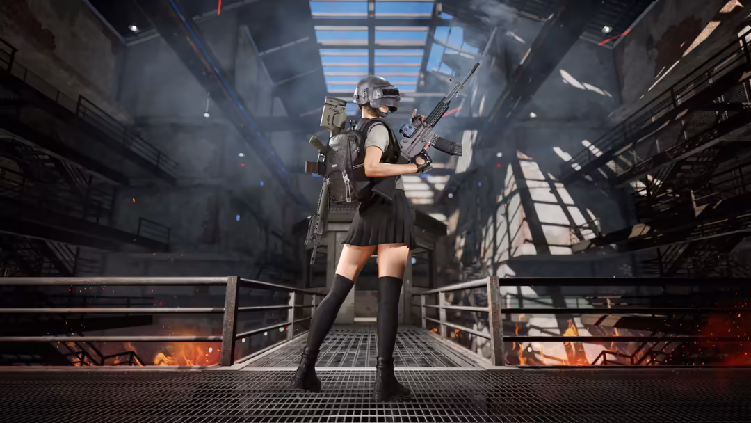 Armed tactical operative in combat gear standing on industrial platform with rifle, dramatic lighting and fire below in dysto