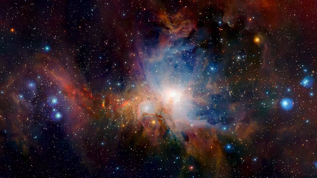 Vibrant Orion Nebula with colorful gas clouds, bright stars, and cosmic dust illuminated against deep space