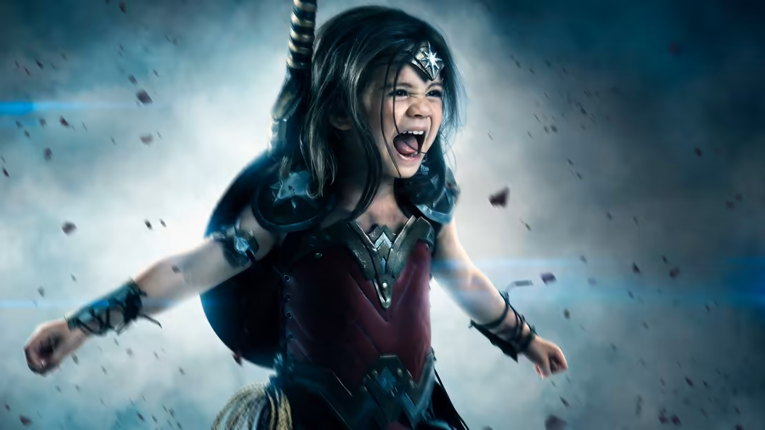 Young warrior princess with long dark hair, tiara, and magical armor strikes a powerful pose with glowing blue energy effects