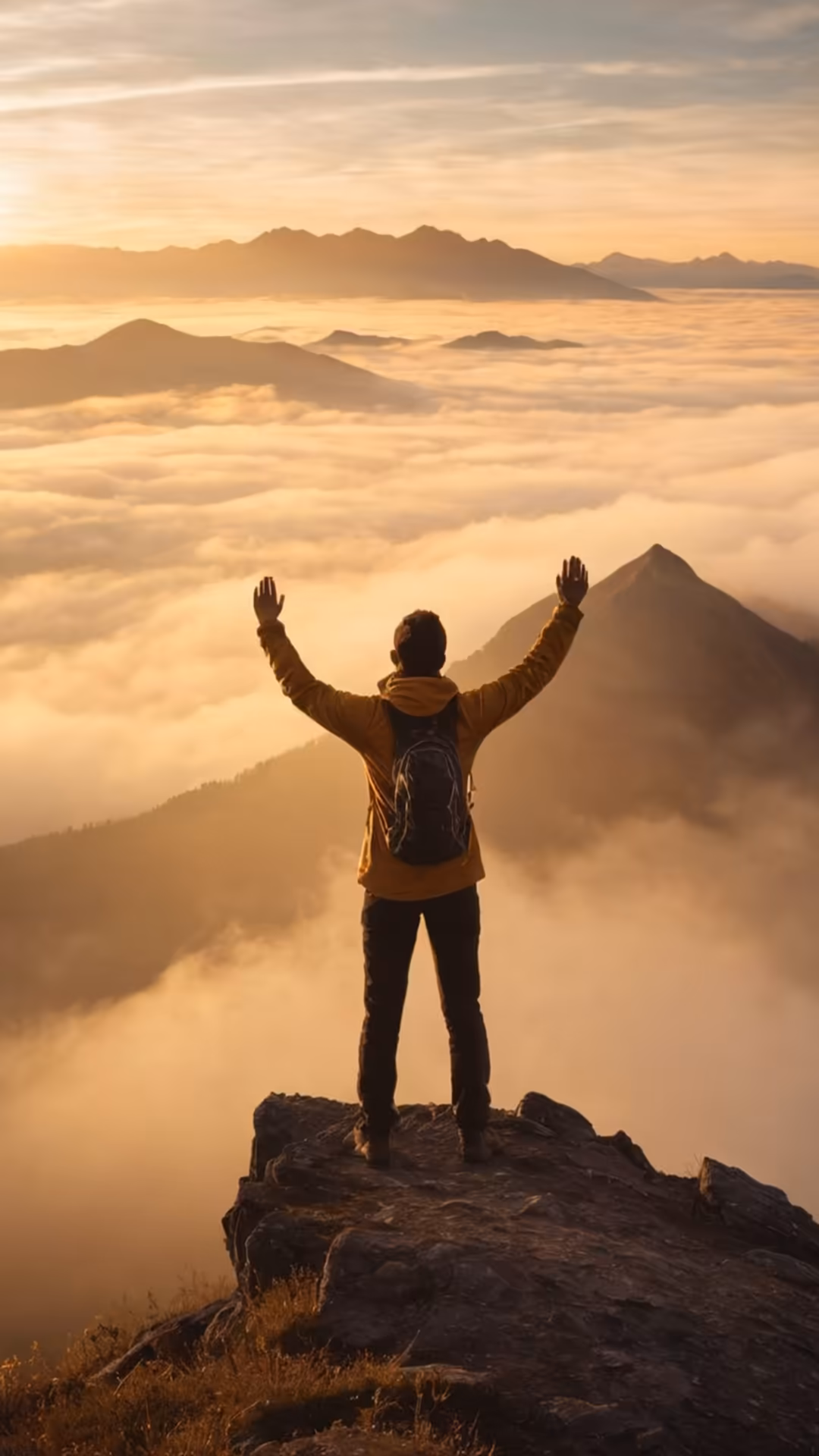 Hiker with arms raised in victory standing on mountain peak above clouds at golden sunrise, overlooking multiple peaks in dis