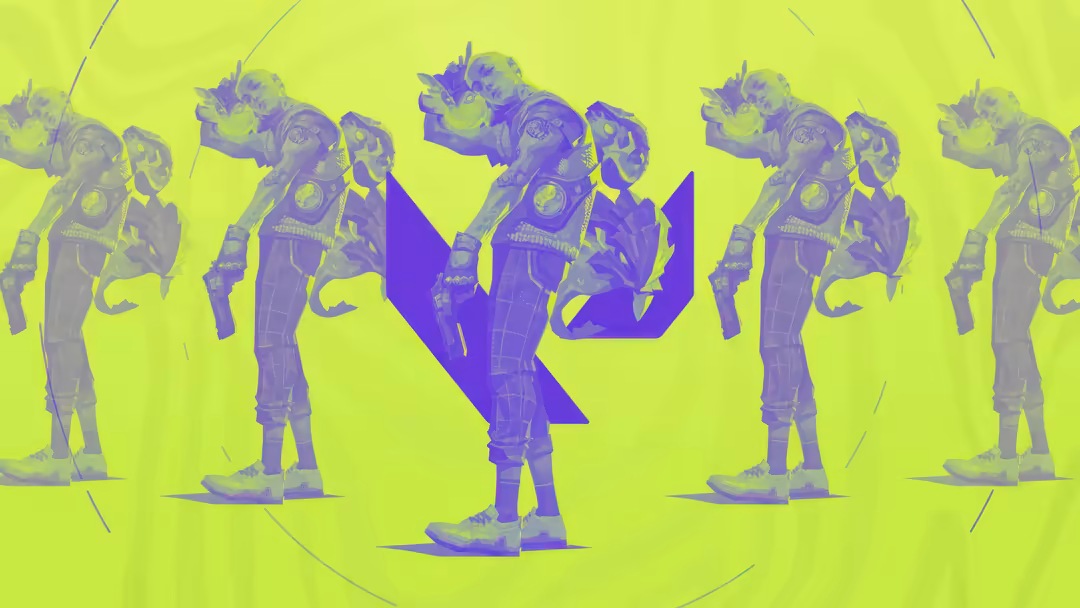 Vibrant neon yellow background featuring Valorant's Gekko character in purple tones, repeated pattern with dynamic pose and f