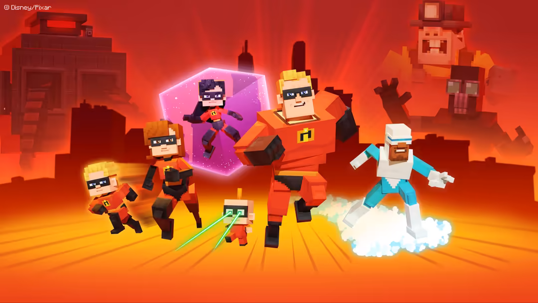 Minecraft-style pixelated characters from The Incredibles family posed heroically against a glowing red and orange landscape