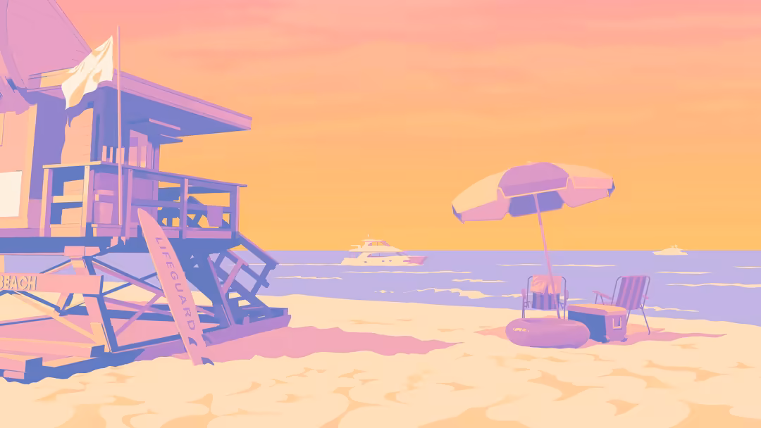 Colorful digital illustration of a beach scene with lifeguard tower, umbrella, and chairs overlooking calm waters at sunset w