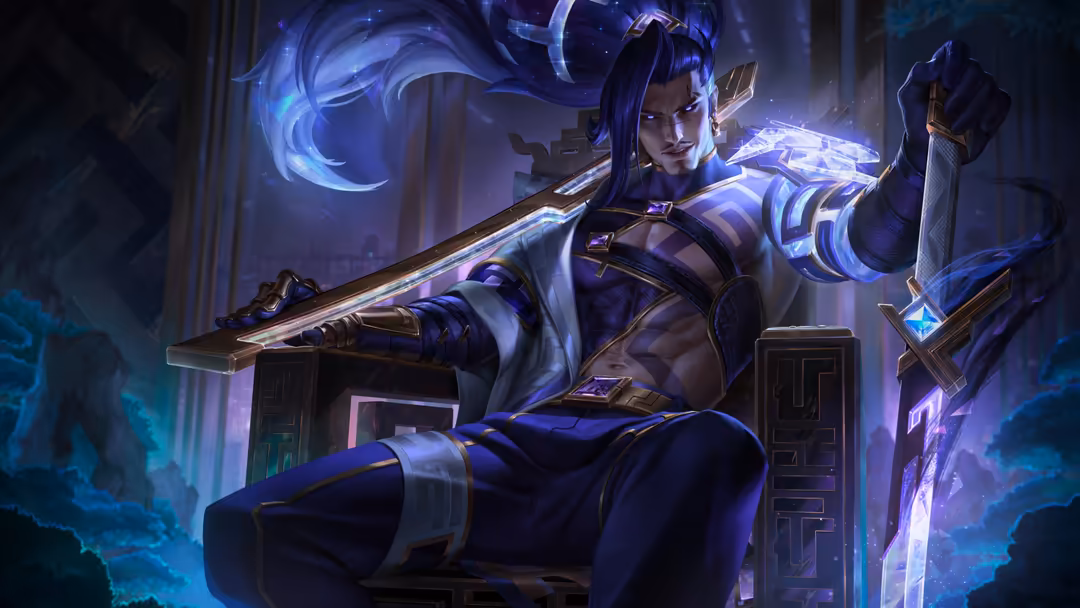 Yasuo character with flowing blue hair and katana sword, glowing neon effects, dark mystical atmosphere, anime warrior art
