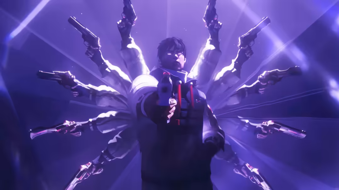 Anime character with multiple arms wielding guns surrounded by glowing purple energy and light rays in cyberpunk style