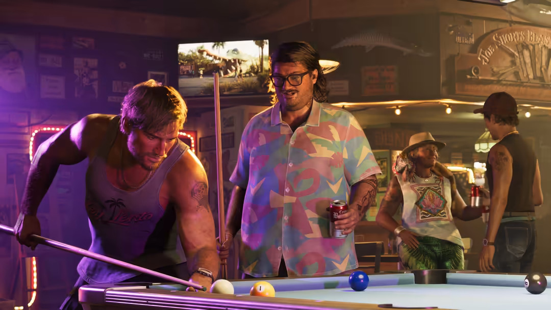 Neon-lit pool hall scene with players in colorful clothing under purple and pink lights, vintage arcade atmosphere