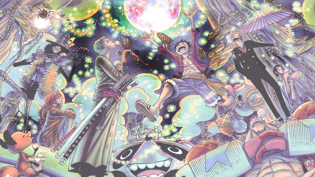 Monkey D. Luffy surrounded by glowing sparkles and celestial effects, celebrating with dynamic energy and radiant light in vi