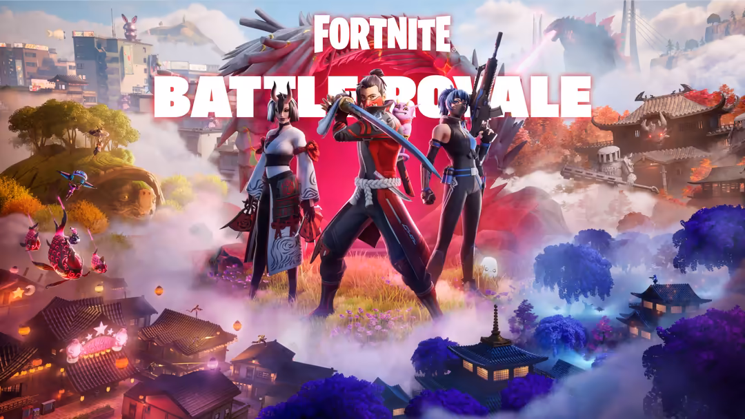 Fortnite battle royale characters in action poses with colorful neon effects and Asian-inspired landscape architecture in bac