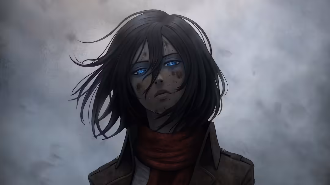 Anime character with black hair and striking blue eyes, wearing dark clothing with red scarf, against moody cloudy background